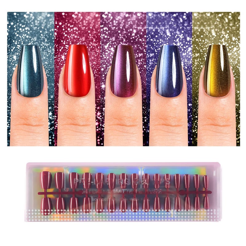 Plauva 150Pcs Cat Eye Press on Nails, Short Coffin Fake Nails, Glossy Glitter Cat Eye Nail Tips, Soft Gel Stick On Nails for Women and Girls 15 Sizes - Image 1